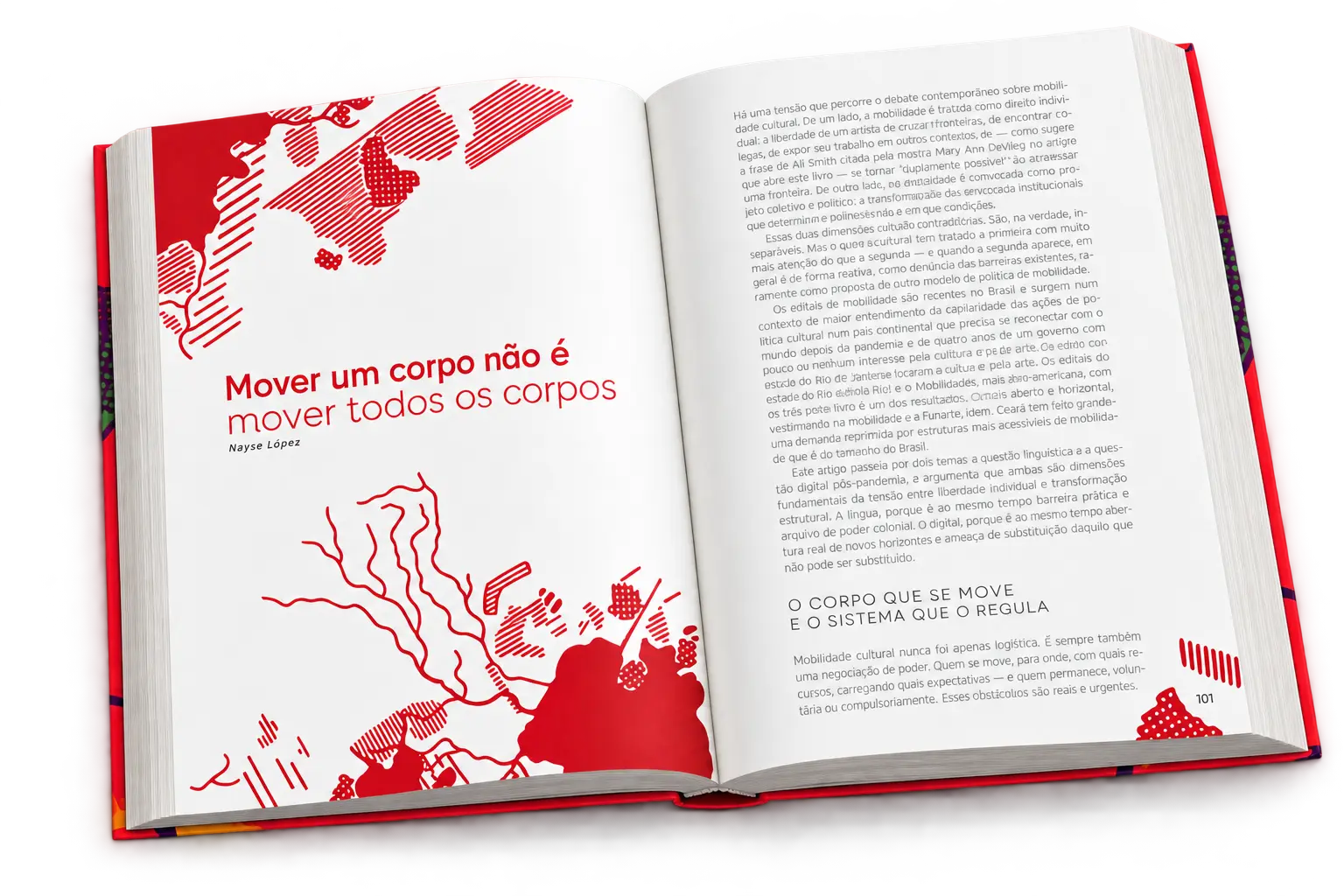 Livro aberto nas páginas 100–101 Livro Cartografias da Mobilidade Cultural aberto no artigo “Mover um corpo não é mover todos os corpos”, com título e grafismos vermelhos à esquerda e texto à direita.
